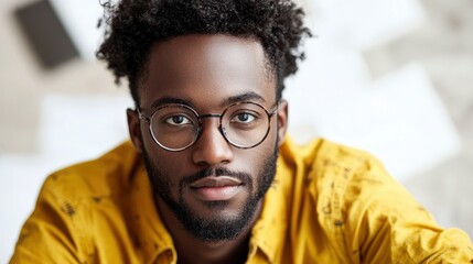 Fototapeta premium Portrait of a young man with glasses showcasing confidence and style against a blurred background of papers and documents