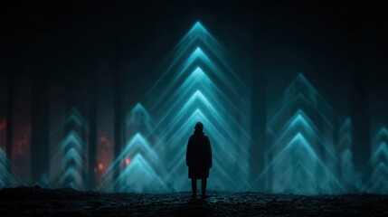 Mysterious Figure Standing Amidst Ethereal Blue Light Patterns in Dark Forest