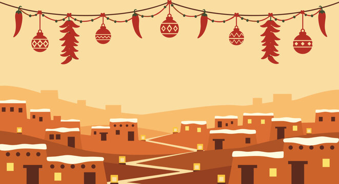 Pixel art depiction of a festive Southwestern Christmas with snow on adobe buildings, luminarias, and a garland of chili peppers and ornaments.