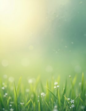 Soft focus close up of green grass blades with small white flowers. Blurry background with sun flare and bokeh. Gentle springtime meadow scene with copy space for text.