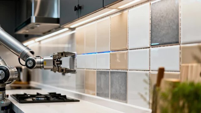 Automated robotic arm precisely setting ceramic tiles on a modern kitchen backsplash ensuring flawless alignment and smooth surface finish.