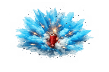 Red firecracker detonating in blue powder cloud with sparks creating intense impact explosion