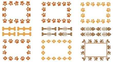 Collection of cute pet-themed frames and dividers featuring brown paw prints, bones, and fish skeletons for animal lovers.