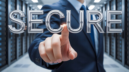 Cybersecurity concept with businessman pointing at secure text in modern data center environment