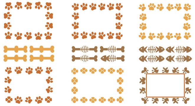 Collection of cute pet-themed frames and dividers featuring brown paw prints, bones, and fish skeletons for animal lovers.