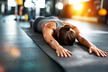 A woman is lying peacefully on a yoga mat with her arms stretched. A woman stretches on a yoga mat in a gym, focusing on her form amidst a warm, vibrant atmosphere filled with gym equipment.