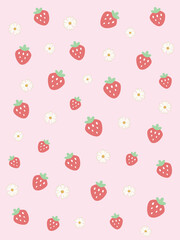 いちごと花の北欧風パターン（ピンク） ー やさしいピンクの背景に北欧風のいちごと花を散らした、ゆめかわいい背景。ポストカード、ポスター、フレークシール、マスキングシールブックタイプ、クリアファイル、ノートの表紙に最適。
