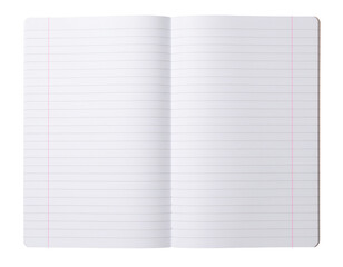 Open notebook with lined pages and pink margin lines on clean white background