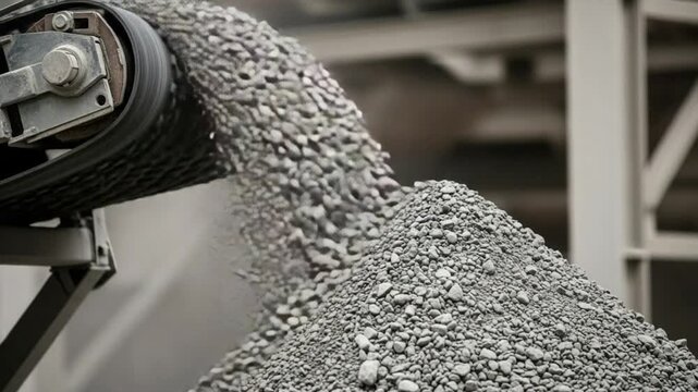 Industrial conveyor belt transporting aggregate material at a processing plant under overcast lighting conditions