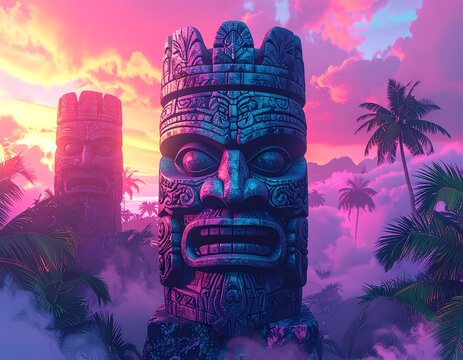 Ancient Tiki Statue in a Tropical Island at Sunset.