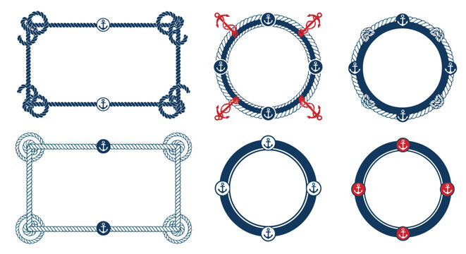 Set of rectangular and circular nautical frames made from marine rope and decorated with anchors for sea-themed invitations.