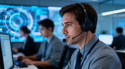 Man in office wearing headset