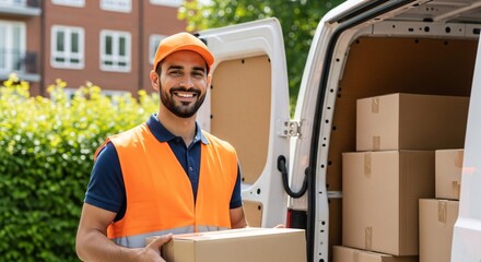 Happy delivery worker in orange vest and cap smiling holding a box near an open van with packed packages in a sunny outdoor setting for logistics and courier services