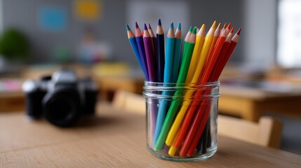 Colored pencils in glass jar with camera on desk, creative classroom workspace for drawing and photography
