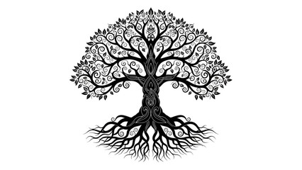 Intricate Black and White Tree Illustration.