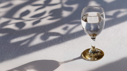 Single glass of white wine on sunlit terrace table with ornate shadow pattern minimalist still life
