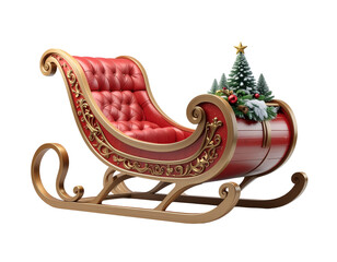 Ornate red sleigh with gold trim and christmas tree motif for festive decor