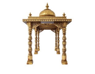 Ornate golden ceremonial canopy structure with carved legs and domed top for architectural adornment