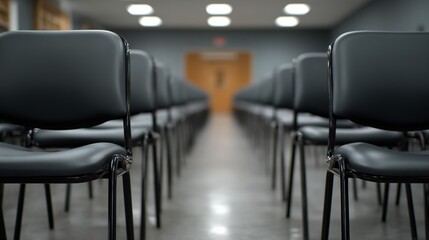 Empty chairs in lecture hall with central aisle, modern seminar room ready for training event