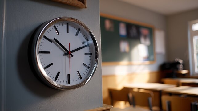 Wall clock in classroom with empty desks and chalkboard background, school schedule and time management concept
