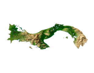 Panama-like landform suspended on white background, showcasing lush green forests and arid brown mountains