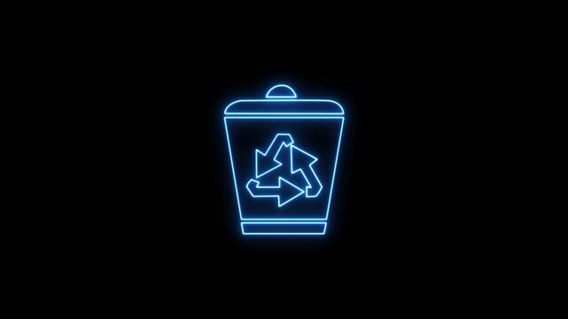 Neon glowing Recycle bin symbol representing waste management, recycling, and eco-friendly disposal. on black background.4k video