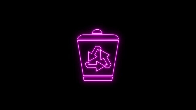 Neon glowing Recycle bin symbol representing waste management, recycling, and eco-friendly disposal. on black background.4k video