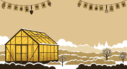 Cozy winter landscape with a warmly lit greenhouse full of plants, surrounded by snow and decorated with a garden-themed banner.