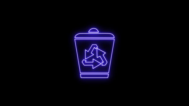 Neon glowing Recycle bin symbol representing waste management, recycling, and eco-friendly disposal. on black background.4k video