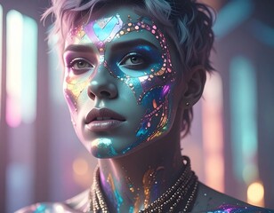 Futuristic portrait of a person with holographic makeup and neon lights.