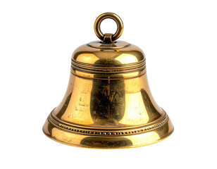 Aged, golden bell with loop for hanging, isolated on black background