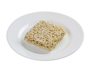 Plain block of ramen noodles resting on smooth white plate in studio light