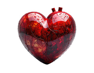 A glossy, detailed anatomical heart with visible vessels and droplets