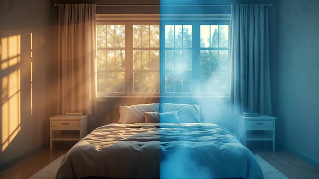 Bedroom interior split between warm daylight and cool blue lighting showing temperature contrast