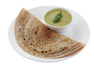 Plain dosa with green chutney on a white plate, crispy textured batter crepe served with cilantro chutney