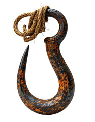 A large, rusted metal hook with a coiled rope
