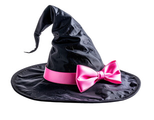 Black witch hat with a pink satin bow and trim, isolated on black