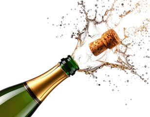 Cork popping from a green bottle, champagne spraying out