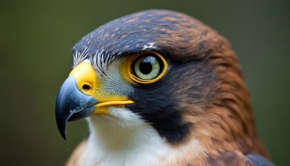 Obraz premium Falcon bird portrait eye detail. Focus on sharp gaze, intricate feather texture, and hooked beak. Wildlife nature close-up shows powerful avian predator in natural habitat, intense stare.