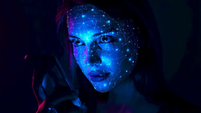 Female face illuminated with blue digital light dots and network patterns against a dark background