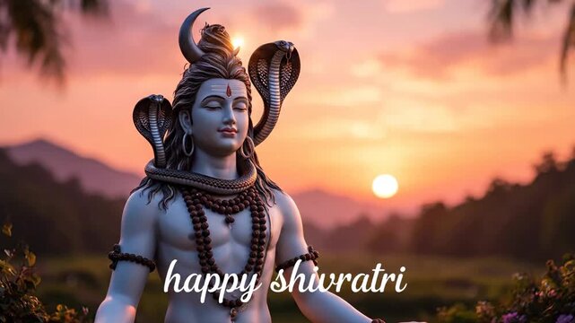 Happy Maha Shivratri Lord Shiva Idol at Sunset Hindu Spiritual Festival
