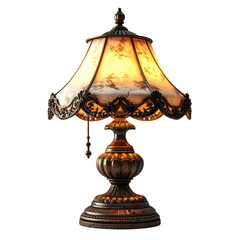 Ornate antique lamp with stained glass shade, glowing warmly