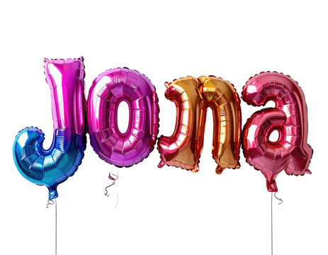 Colorful foil balloons spelling "Jona" against a black backdrop