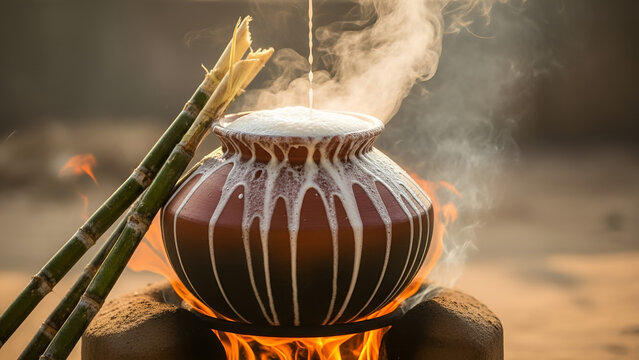Traditional clay pot boiling over open flame with bamboo