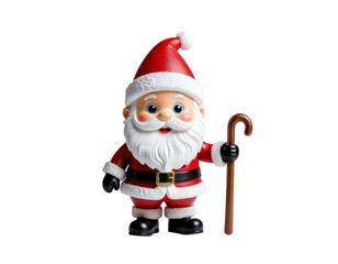 Playful santa claus figurine with red suit, white fur trims, black belt and wooden cane