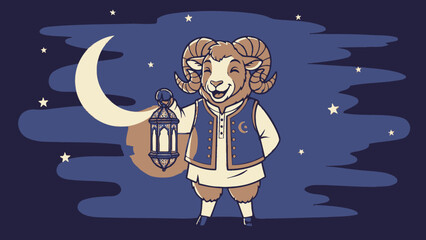 Fototapeta premium Ram holding lantern under crescent moon