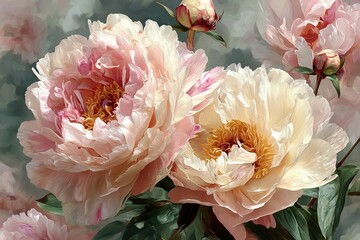 Large, elegant peonies in soft, pastel colors, with delicate pink and cream petals paired with loose, freehand brushstrokes and ample negative space, embody a gentle and light botanical art style.