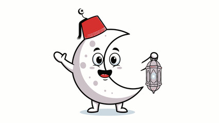 Crescent moon character with lantern and red fez hat