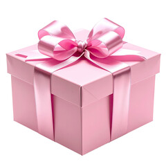 Pink gift box with satin ribbon and bow on black background