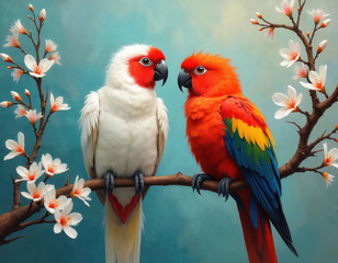 Obraz premium Two parrots perch on a flowering tree branch against a teal sky. A white cockatoo with red face markings sits beside a vibrant orange, yellow, blue, and green macaw.